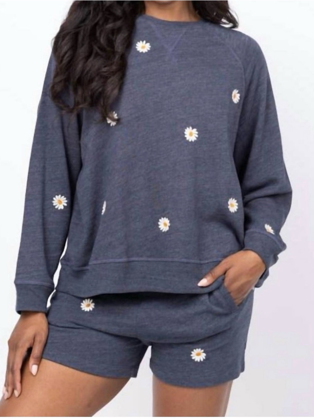 THE GREAT. Navy Daisy Embroidered Crewneck Sweatshirt